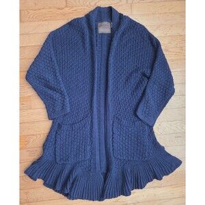 Anthropologie Guinevere Womens XS Blue Cable Knit Ruffle Hem Cardigan Sweater